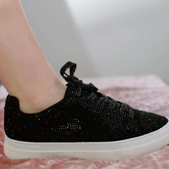 NEW🔥 Black Rhinestone Crystal Embellished Lace-Up Sneakers Low Platform Slip-On - Picture 4 of 5